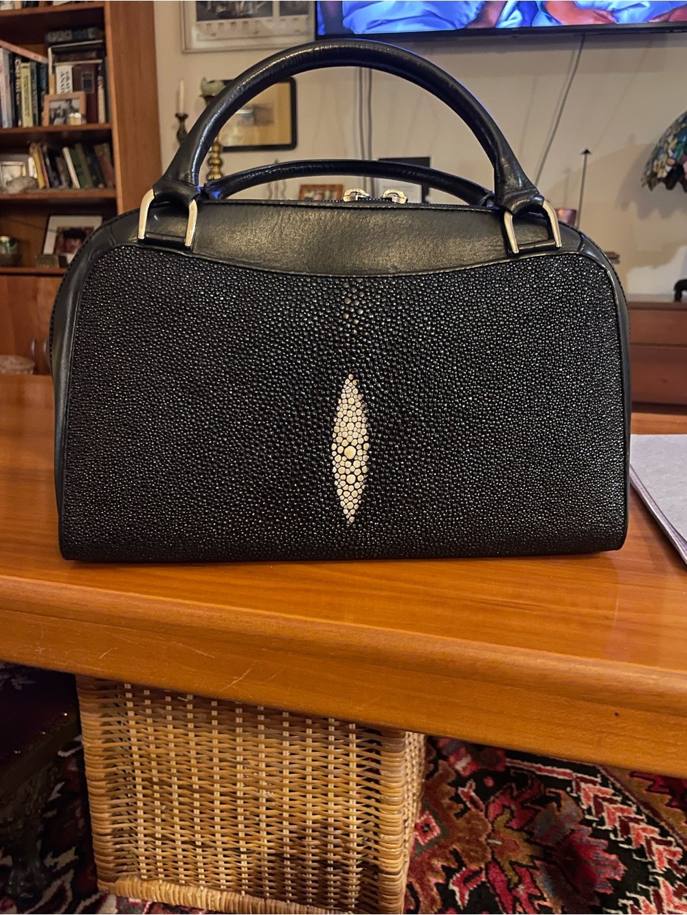 Black Stingray-Texture Top-Handle Satchel
